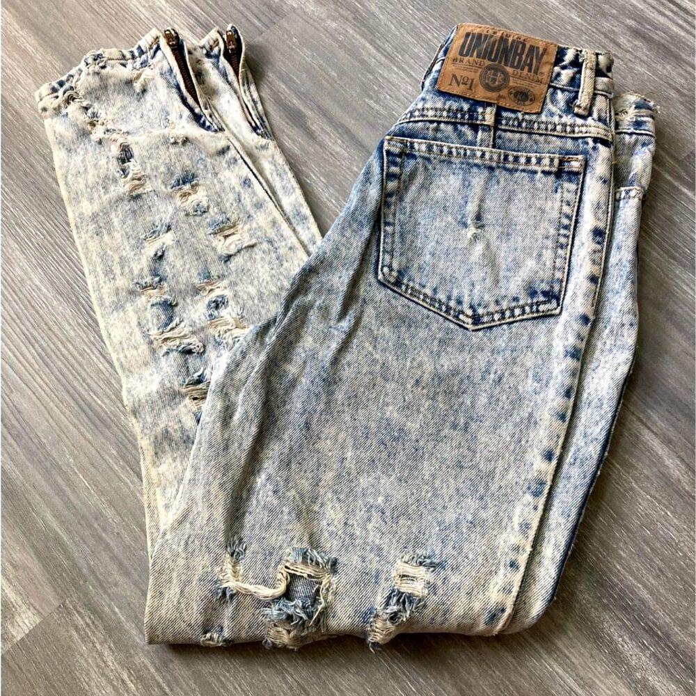 Vintage 80s Unionbay USA Made Acid Wash Heavily Distressed Ankle Zip Jeans 25x27